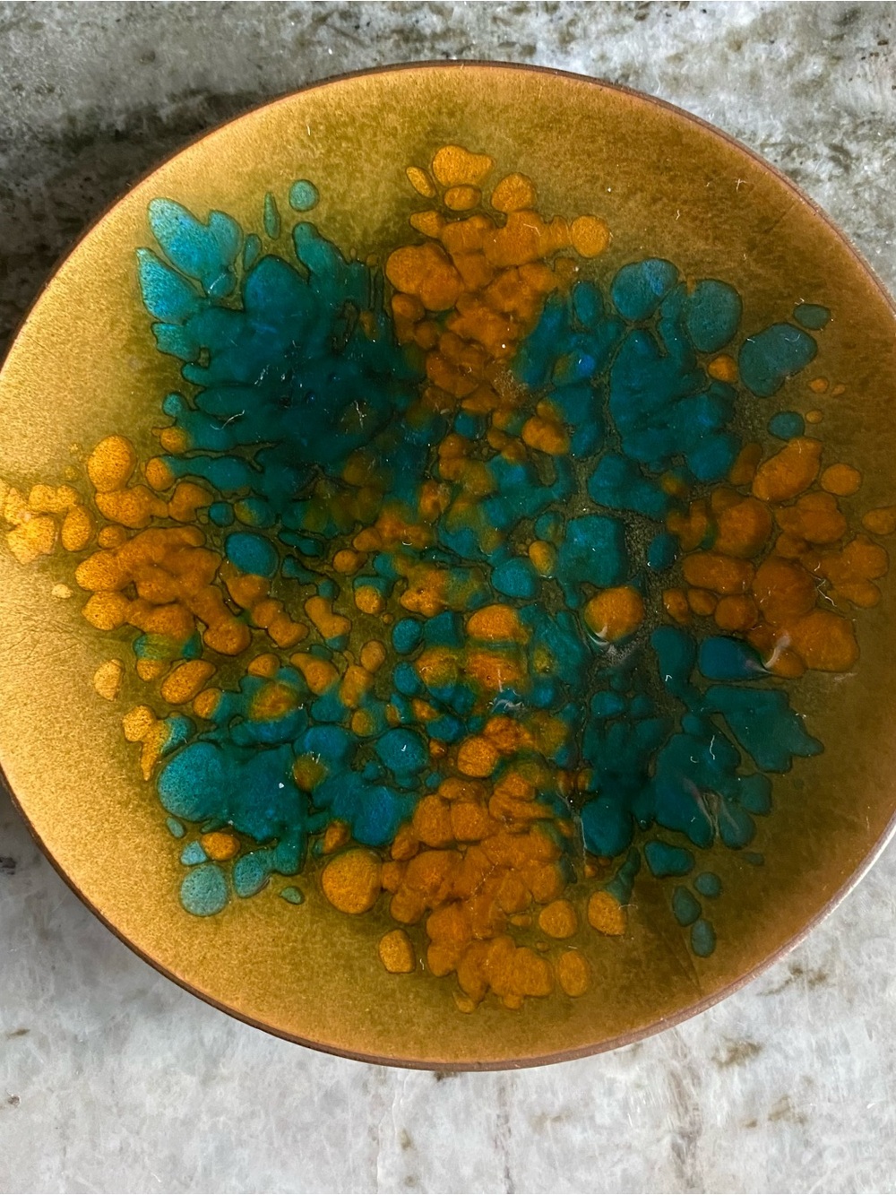 Kareka Enamel Metallic Copper Trinket Dish Gold Colorful Round 4” MCM Speckled